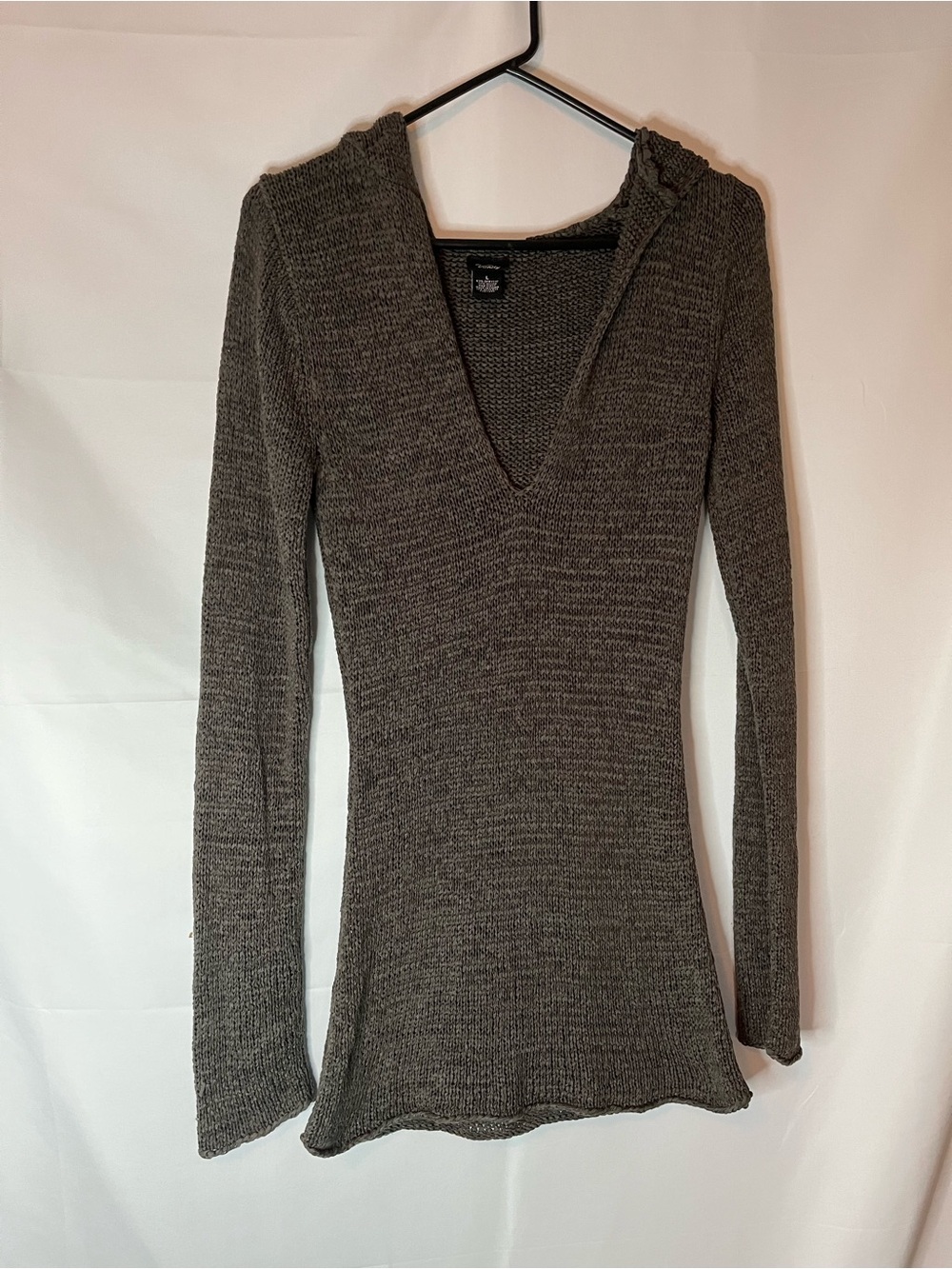 Vanity Olive Gray Y2K Open Knit V-Neck Mini Dress